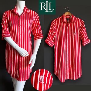 LRL Lauren Ralph Lauren Red Striped Shirt Mini Dress Preppy Travel Equestrian S